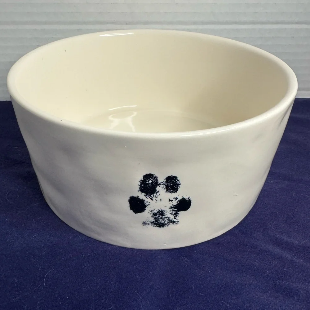 Rae Dunn Paw Print Devour Dimpled Large Dog Bowl Ceramic White Minimalist Rare
